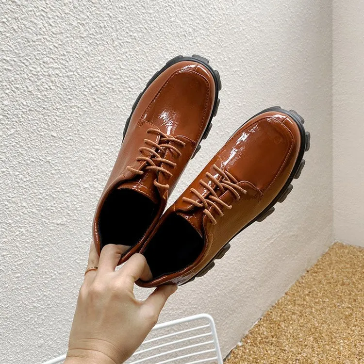 Women's Glossy Round Toe Lace Up Platform Block Heel Shoes