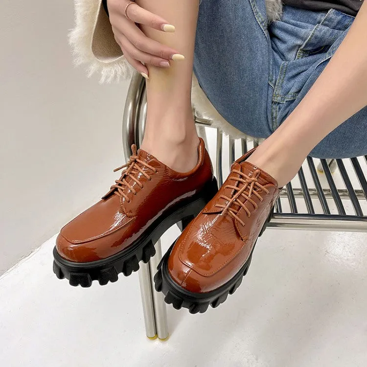 Women's Glossy Round Toe Lace Up Platform Block Heel Shoes