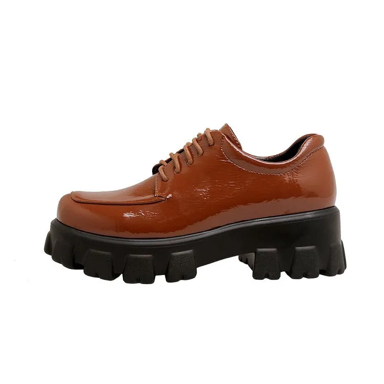 Women's Glossy Round Toe Lace Up Platform Block Heel Shoes