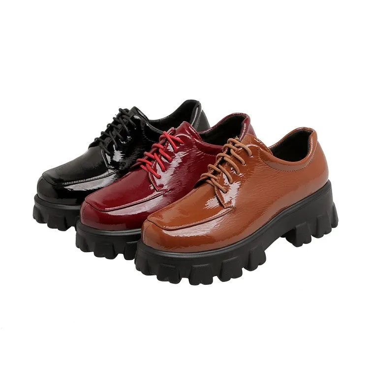 Women's Glossy Round Toe Lace Up Platform Block Heel Shoes
