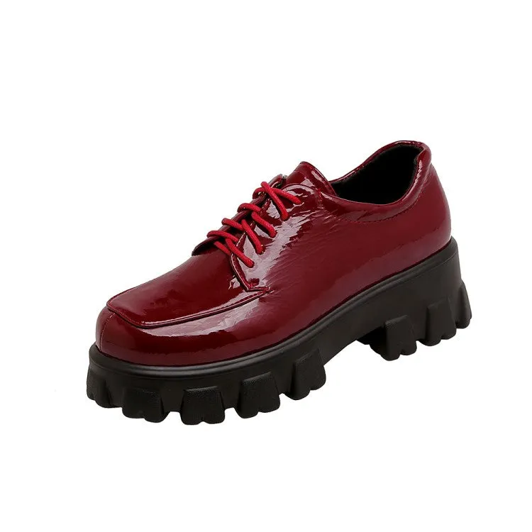 Women's Glossy Round Toe Lace Up Platform Block Heel Shoes