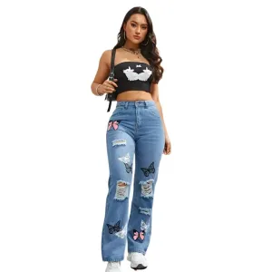 Women’s High-Waist Appliqué Straight-Leg Jeans – Trendy Streetwear Denim