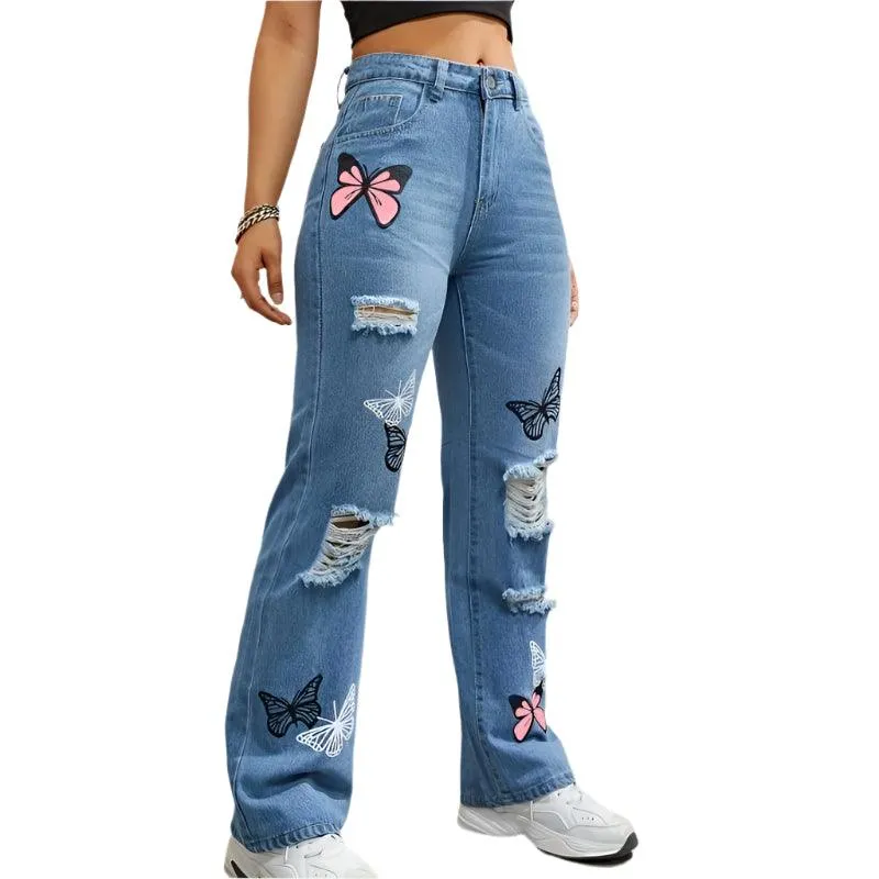 Women’s High-Waist Appliqué Straight-Leg Jeans – Trendy Streetwear Denim