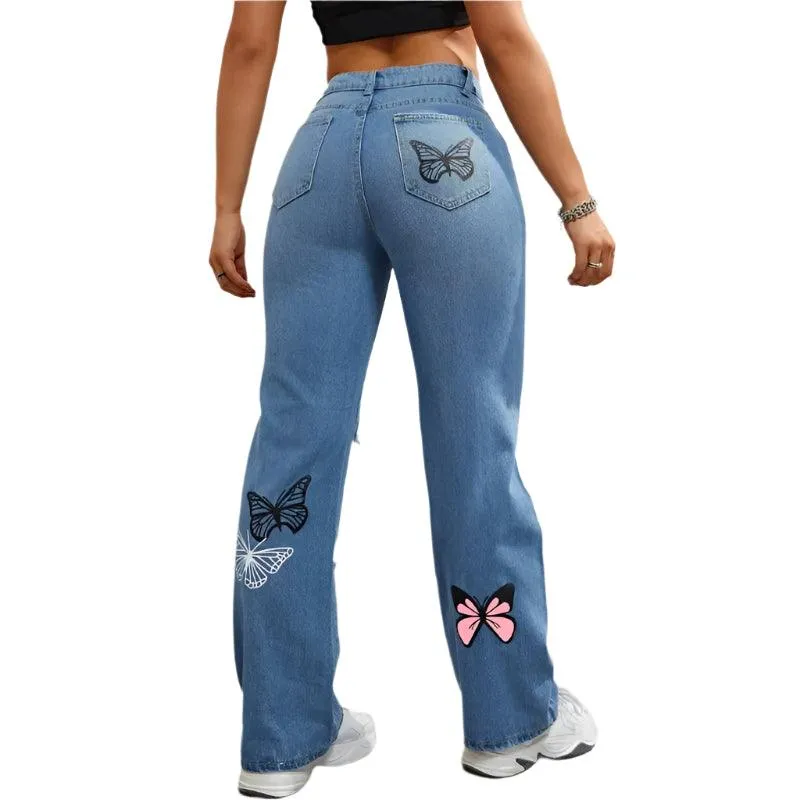 Women’s High-Waist Appliqué Straight-Leg Jeans – Trendy Streetwear Denim