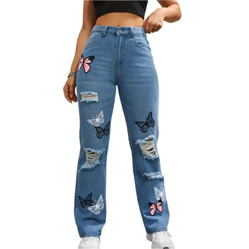 Women’s High-Waist Appliqué Straight-Leg Jeans – Trendy Streetwear Denim