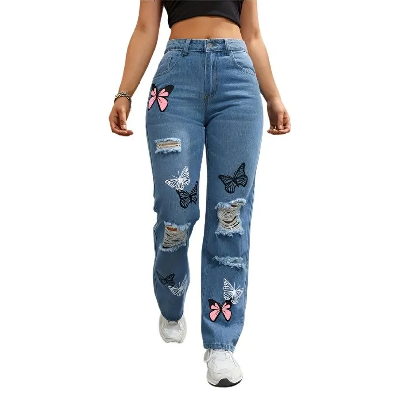 Women’s High-Waist Appliqué Straight-Leg Jeans – Trendy Streetwear Denim