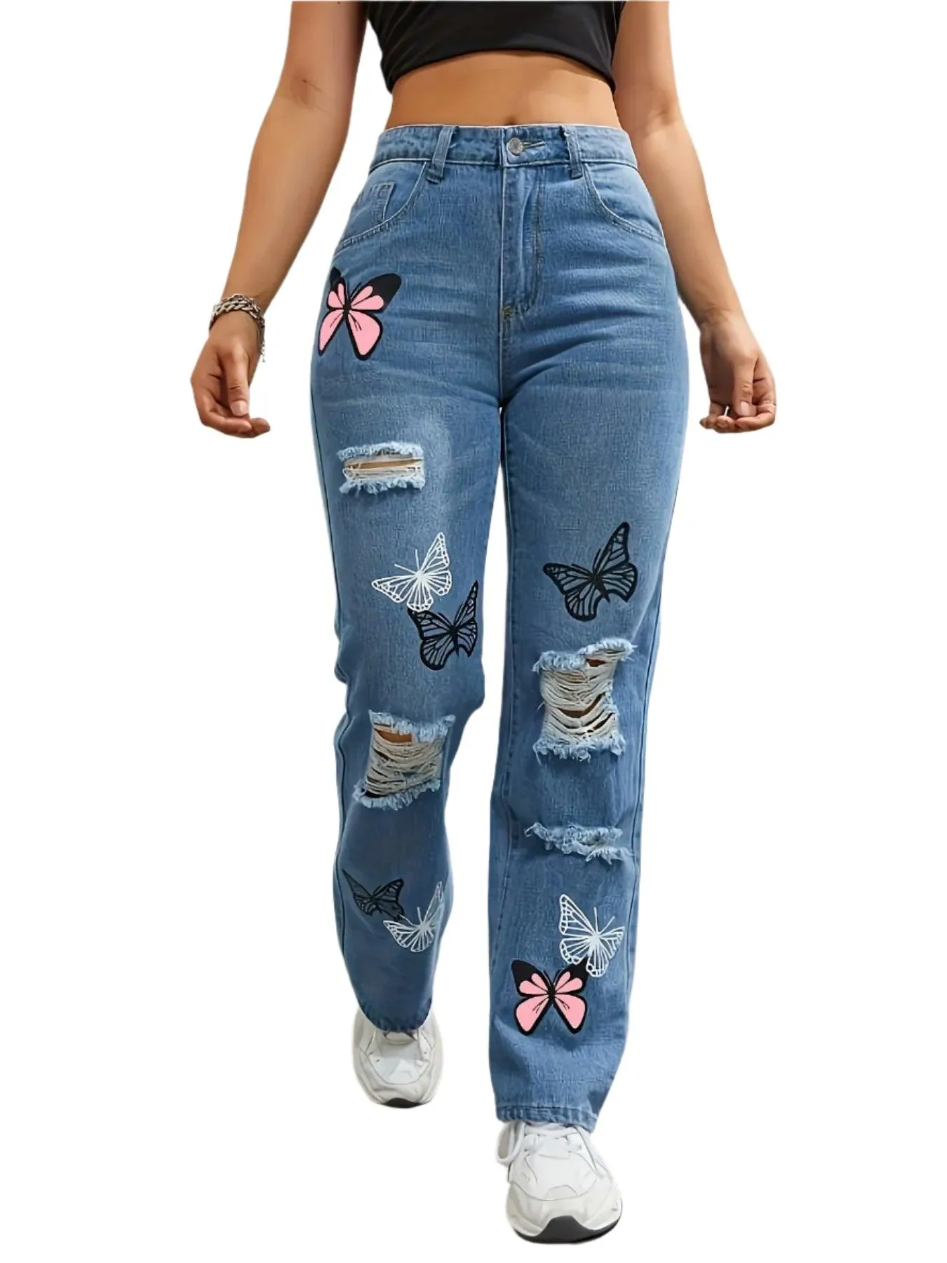 Women’s High-Waist Appliqué Straight-Leg Jeans – Trendy Streetwear Denim