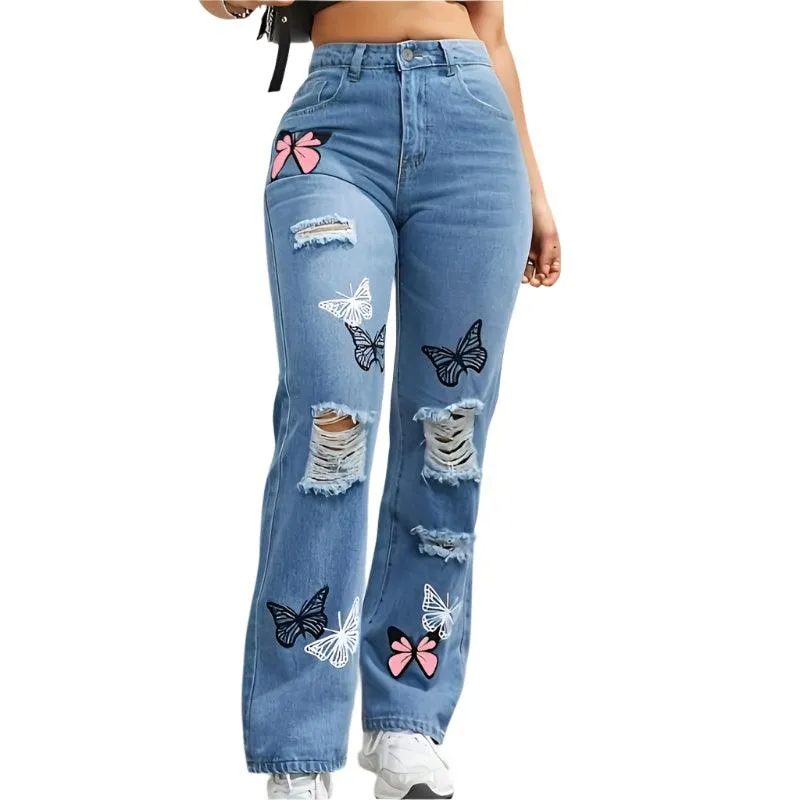 Women’s High-Waist Appliqué Straight-Leg Jeans – Trendy Streetwear Denim