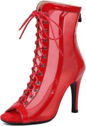 YKXLM Latin Dance Boots Salsa Women Ballroom Lace-up Ankle Open Toe Dance Shoes,953,3 inch Heel,Red,4.5 US