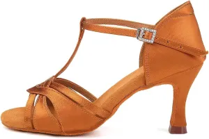 YKXLM Women's Satin Latin Dance Shoes Ballroom Salsa Tango Professional Performance Practice Dancing Shoes,3038T,Brown,5 US